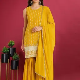 PARROT CREATION Women Floral Embroidered Sequinned Kurti with Sharara & Dupatta-image-61