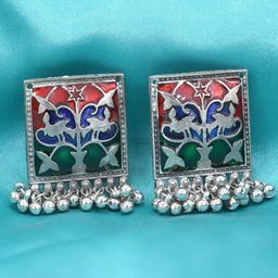 FIMBUL Sterling Silver Square Shaped Oxidised Drop Earrings-20
