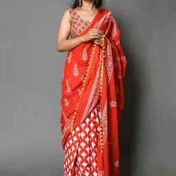JAIPURI PRINT Ethnic Motifs Pure Cotton Half& Half Pompom Border Saree-10