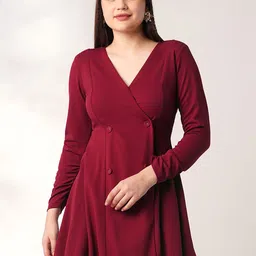 Globus Wrap Neck Long Sleeves Solid Button Detail Mini A-Line Workwear Dress-image-82