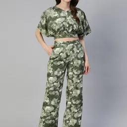 JAINISH Floral Printed V-Neck Flared Sleeves Crop Top And Trousers-13
