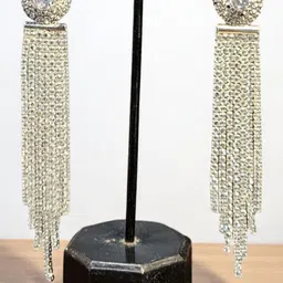 PUCHKOO Gold-Plated Artificial Stones Studded Contemporary Tasselled Drop Earrings-image-2