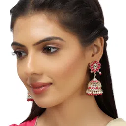 Anouk Gold-Plated Artificial Beaded And Kundan Studded Dome Shaped Jhumkas image 2