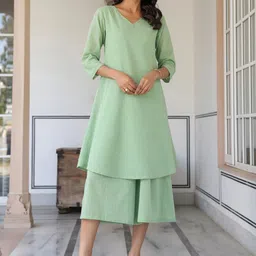 Janasya Women Green Dobby Pure Cotton Self Design V-Neck A-line Kurta & Cullote Pant Set-22