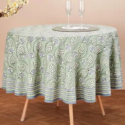 Fabindia Shaalimar Green & Blue Floral Printed Cotton 6 Seater Round Table Cover-12