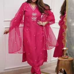 BE IN TEXO FAB Women Floral Embroidered Kurta with Trousers & Dupatta-image-88