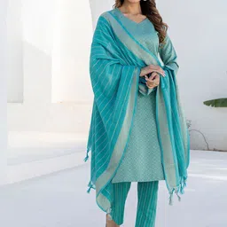 SKYLEE Geometric Woven Design V-Neck Thread Work Straight Kurta With Trouser And Dupatta-picture-30