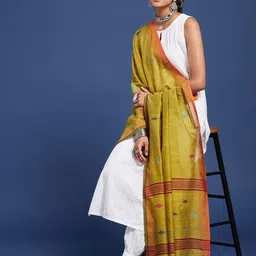 Taavi Woven Pure Cotton Jamdani Dupatta With Pom Pom Edgings-image-78