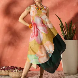 InWeave Floral Printed Chanderi A-Line Midi Dress-image-49