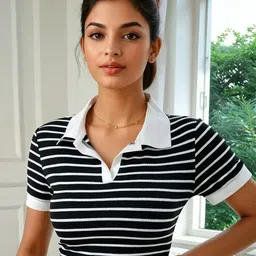 AAHWAN Women Striped Shirt Collar Crop Top-image-77