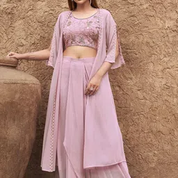 Tikhi Imli Pink Floral Embroidered Georgette Top With Skirt & Shrug-image-27