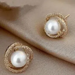 Neze Artificial Stones Studded & Pearls Beaded Circular Studs-4