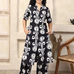House Of Attire Printed Pure Cotton V-Neck Three Fourth Sleeves Tunic With Trouser Co-Ords-image-78