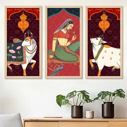 ArtVibes Red & Brown 3 Pieces Printed Wooden Paintings Wall Art-13