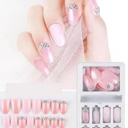 Coslifestore 24 Pcs Artificial Press On Gel Nails With Stone Design- Metallic Pink-37