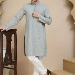 Jompers Geometric Embroidered Mandarin Collar Sequinned Straight Kurta With Pyjamas-picture-11