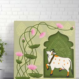 Livin'luxe Green & White Pichwai Cow Printed Canvas Wall Painting-image-77