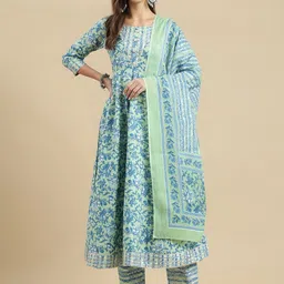 KALINI Floral Printed Gotta Patti Pure Cotton Anarkali Kurta With Trouser & Dupatta-51