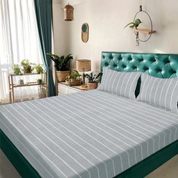 KLOTTHE Grey Striped 300 TC King Bedsheet with 2 Pillow Covers-picture-35