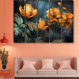 Aura Yellow & Green 5 Piece Synthetic Wood Floral and Botanical Wall Paintings-image-57