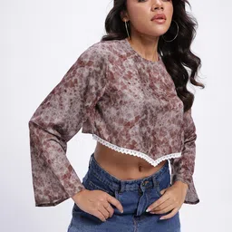 glitchez Boho Lace Flared Sleeve Printed Crop Top-picture-17