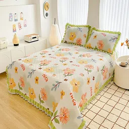 JC HOME Green & White Printed Cotton Double Queen Bed & Pillow Cover-image-55