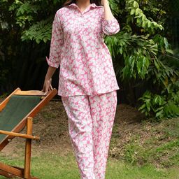 Moda Rapido Floral Printed Shirt Collar Pure Cotton Tunic With Trouser-image-81