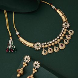 ATIBELLE Gold-Plated Kundan Studded & Beaded Jewellery Set-image-82