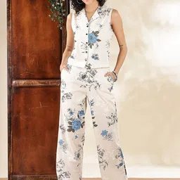 Anouk Printed Notched Lapel Collar Pure Cotton Top With Palazzos-6