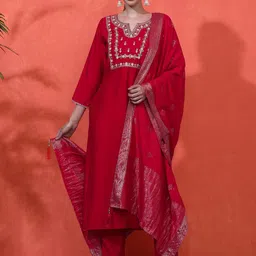 Sangria Women Embroidered Straight Kurta With Trousers & Dupatta-46