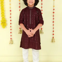 Ministitch Boys Striped Woven Design Sequinned Mandarin Collar Kurta with Pyjamas-36