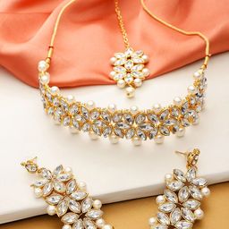 YouBella Gold-Plated Artificial Stone Studded & Beaded Jewellery Set With Maang Tika-image-14