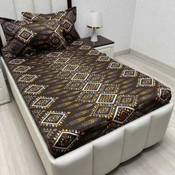 Pure Decor Brown & White Geometric Single Bedsheet with 2 Pillow Covers-image-97