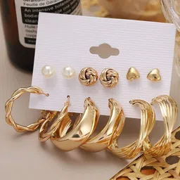 Celestria Set Of 6 Contemporary Pearls Stud And Twisted Hoop Earrings-46