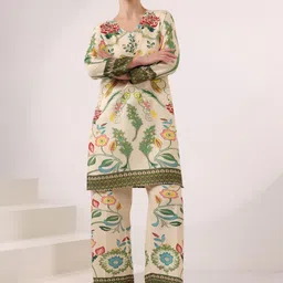 AUTUMN LANE Printed Pure Cotton V Neck Top With Trousers Co-Ords Set-image-55
