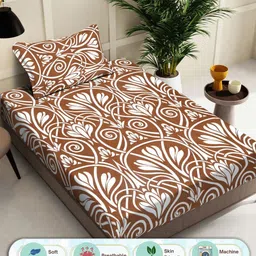 Myntra Elegant Homes Brown & White Floral Printed 300 TC Single Bedsheet Set 2.25 m x 1.5m-image-59