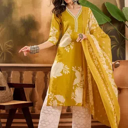 Sangria Women Floral Printed Thread Work Pure Cotton Straight Kurta Set With Dupatta-picture-13