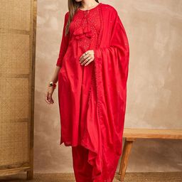 CHETI Floral Embroidered Tie-Up Neck Sequinned Straight Kurta With Trousers & Dupatta-picture-33