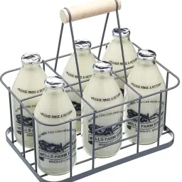 28734 Nostalgia Wire Metal Milk Crate/Bottle Carrier, 29 x 20 x 13 cm - Grey Iron Glass Holder-image-58