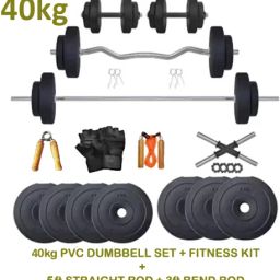 40 kg FITNESS PVC GYM COMBO + 5ft. Straight + 3ft. Curl RODS + FITNESS ACCESSORIES Home Gym Combo-26
