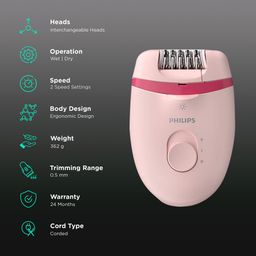 PHILIPS Satinelle Essential Corded Wet & Dry Epilator for Arms, Legs & Intimate Areas with 5 Interchangeable Heads (Efficient Epilation System, Pink) image 2