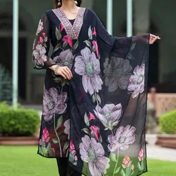 Divyadham Textiles Women Floral Embroidered Regular Thread Work Top with Pyjamas & With Dupatta-39