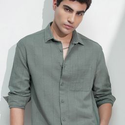 HIGHLANDER Men Comfort Relaxed Fit Textured Spread Collar Cotton Casual Shirt-picture-29