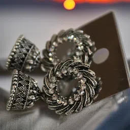FIRSTCHOICE Silver-Plated Artificial Stones Studded & Beaded Oxidised Dome Shaped Jhumkas image 2