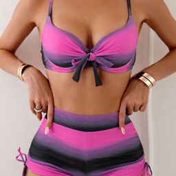 Plus Curvves Gradient Tie-Front Striped Swim Bikini Set-58
