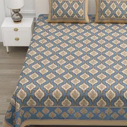 ATARAH Brown & Blue Ethnic Motifs 144 TC Queen Bedsheet with 2 Pillow Covers-picture-17