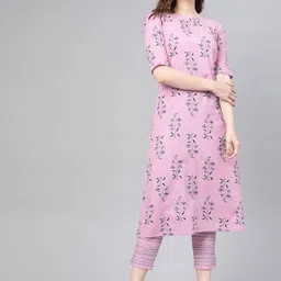 THE FAB FACTORY Floral Printed Round Neck A-line Kurta with Trousers-picture-16