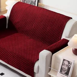Fashion Throw Maroon Checked Velvet 1 Piece Sofa Cover With Arms-image-48