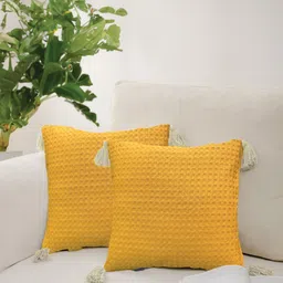 URBAN SPACE Mustard Yellow 2 Pieces Checked Pure Cotton Square Cushion Covers-43