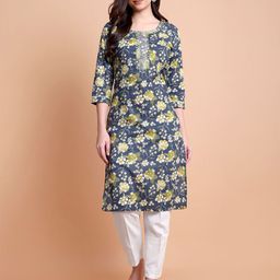 RI AND SU Floral Printed Round Neck Sequinned Pure Cotton Straight Kurta-image-73